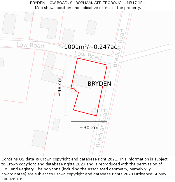 BRYDEN, LOW ROAD, SHROPHAM, ATTLEBOROUGH, NR17 1EH: Plot and title map