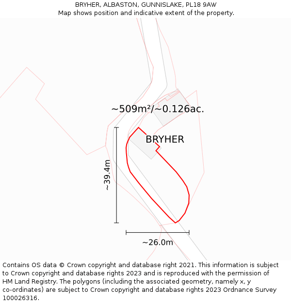 BRYHER, ALBASTON, GUNNISLAKE, PL18 9AW: Plot and title map