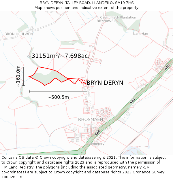 BRYN DERYN, TALLEY ROAD, LLANDEILO, SA19 7HS: Plot and title map