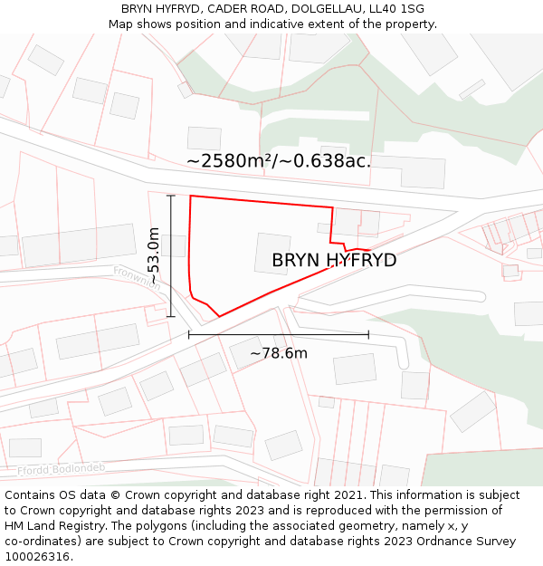 BRYN HYFRYD, CADER ROAD, DOLGELLAU, LL40 1SG: Plot and title map