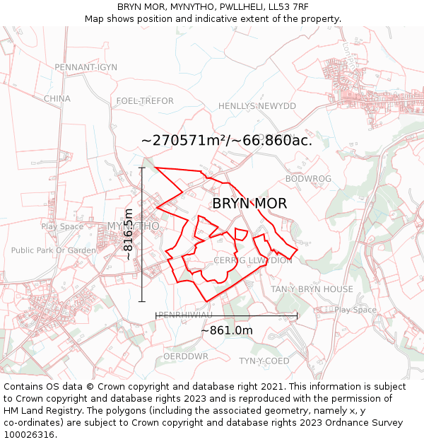 BRYN MOR, MYNYTHO, PWLLHELI, LL53 7RF: Plot and title map