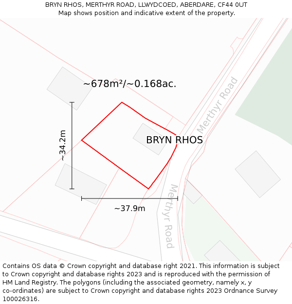 BRYN RHOS, MERTHYR ROAD, LLWYDCOED, ABERDARE, CF44 0UT: Plot and title map