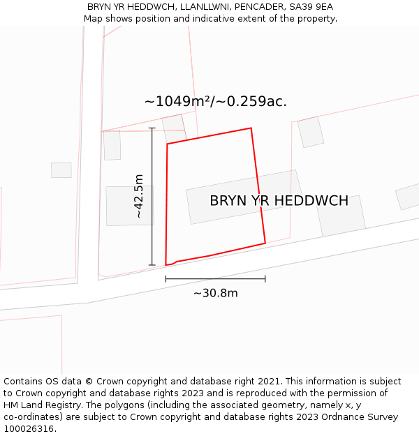BRYN YR HEDDWCH, LLANLLWNI, PENCADER, SA39 9EA: Plot and title map