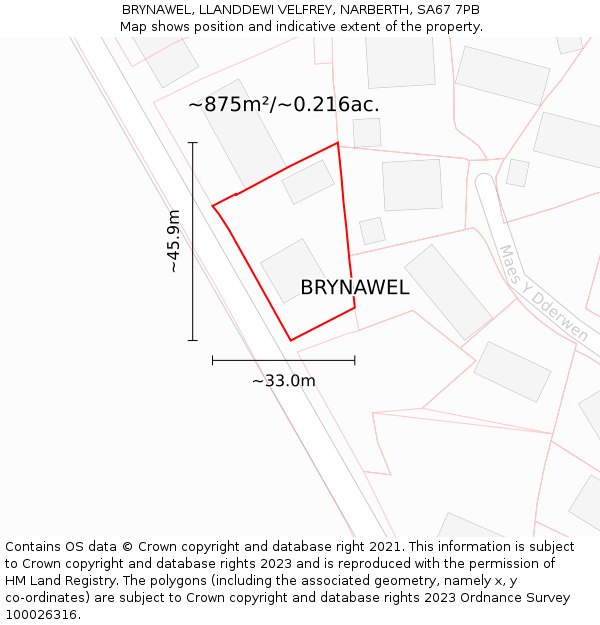 BRYNAWEL, LLANDDEWI VELFREY, NARBERTH, SA67 7PB: Plot and title map