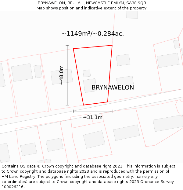 BRYNAWELON, BEULAH, NEWCASTLE EMLYN, SA38 9QB: Plot and title map
