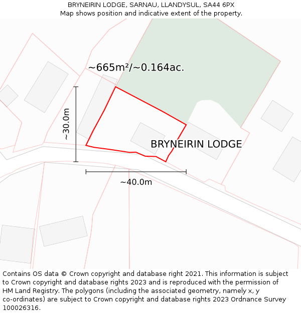 BRYNEIRIN LODGE, SARNAU, LLANDYSUL, SA44 6PX: Plot and title map