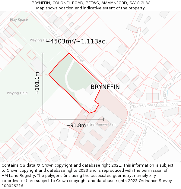 BRYNFFIN, COLONEL ROAD, BETWS, AMMANFORD, SA18 2HW: Plot and title map