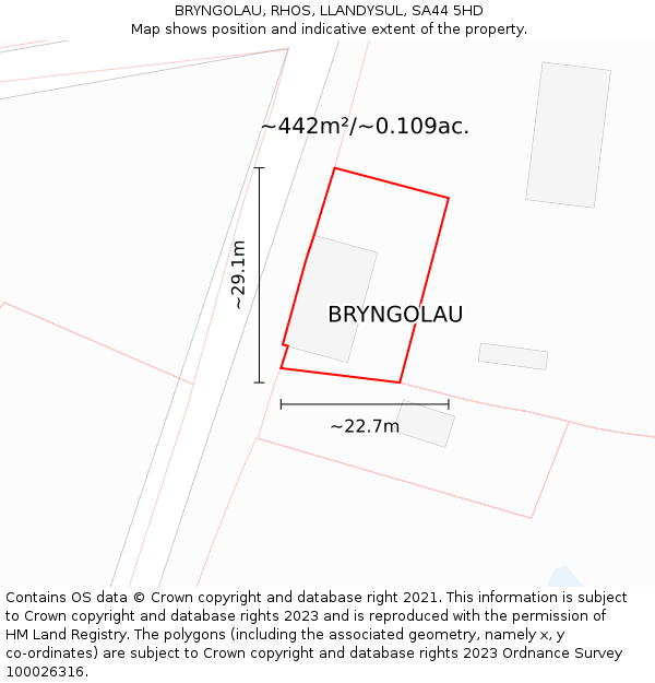 BRYNGOLAU, RHOS, LLANDYSUL, SA44 5HD: Plot and title map