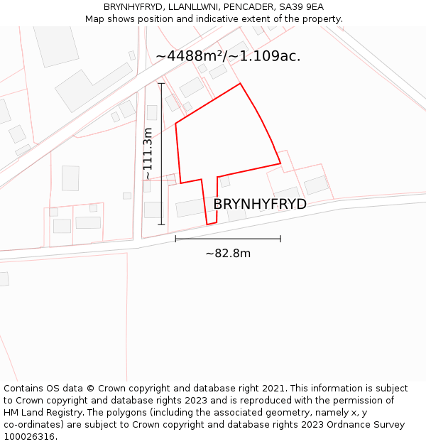 BRYNHYFRYD, LLANLLWNI, PENCADER, SA39 9EA: Plot and title map