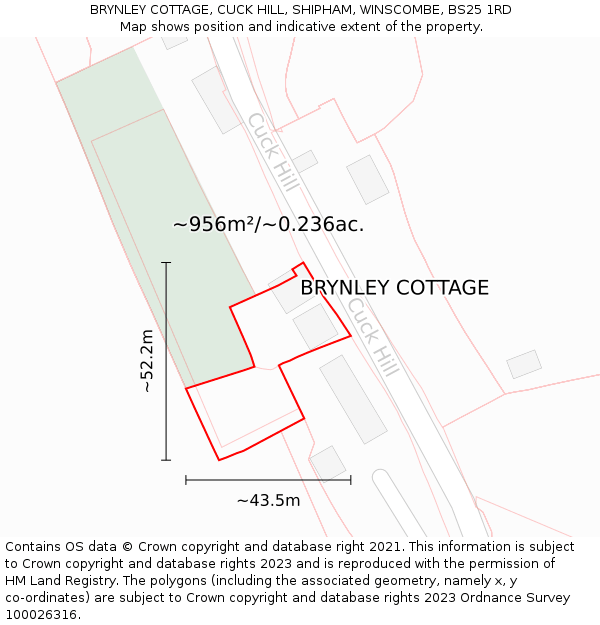 BRYNLEY COTTAGE, CUCK HILL, SHIPHAM, WINSCOMBE, BS25 1RD: Plot and title map