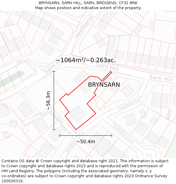 BRYNSARN, SARN HILL, SARN, BRIDGEND, CF32 9RW: Plot and title map