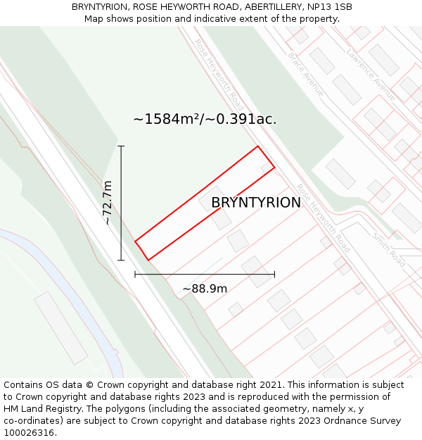 BRYNTYRION, ROSE HEYWORTH ROAD, ABERTILLERY, NP13 1SB: Plot and title map