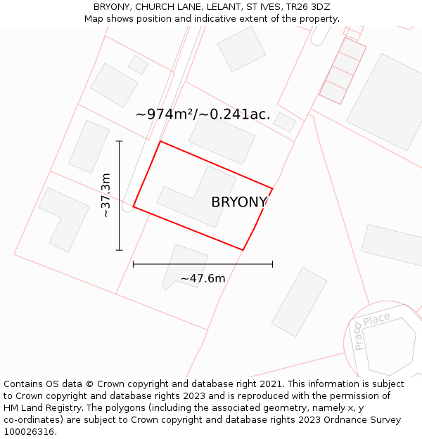 BRYONY, CHURCH LANE, LELANT, ST IVES, TR26 3DZ: Plot and title map