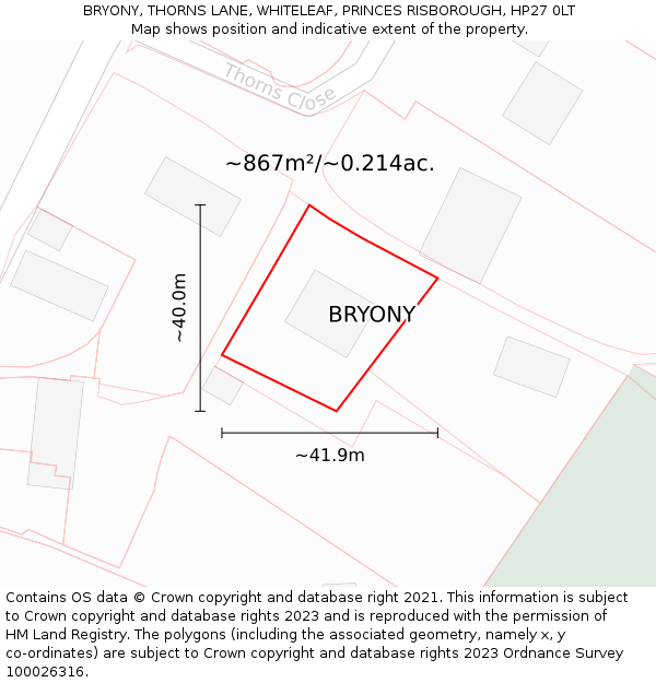 BRYONY, THORNS LANE, WHITELEAF, PRINCES RISBOROUGH, HP27 0LT: Plot and title map