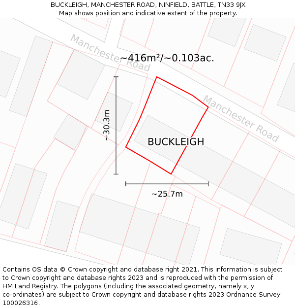 BUCKLEIGH, MANCHESTER ROAD, NINFIELD, BATTLE, TN33 9JX: Plot and title map