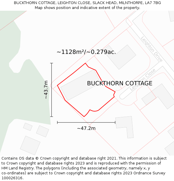 BUCKTHORN COTTAGE, LEIGHTON CLOSE, SLACK HEAD, MILNTHORPE, LA7 7BG: Plot and title map