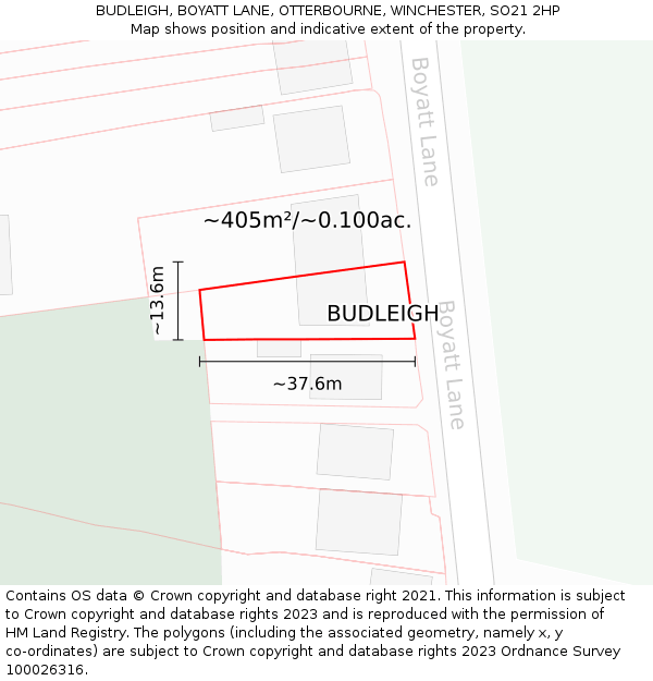 BUDLEIGH, BOYATT LANE, OTTERBOURNE, WINCHESTER, SO21 2HP: Plot and title map