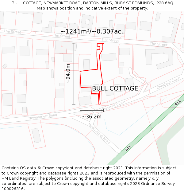 BULL COTTAGE, NEWMARKET ROAD, BARTON MILLS, BURY ST EDMUNDS, IP28 6AQ: Plot and title map
