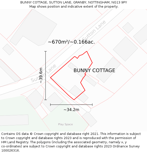 BUNNY COTTAGE, SUTTON LANE, GRANBY, NOTTINGHAM, NG13 9PY: Plot and title map