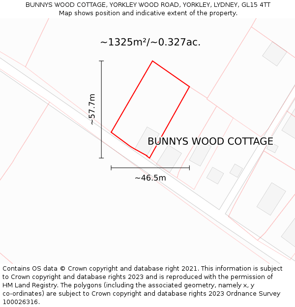 BUNNYS WOOD COTTAGE, YORKLEY WOOD ROAD, YORKLEY, LYDNEY, GL15 4TT: Plot and title map