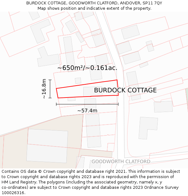 BURDOCK COTTAGE, GOODWORTH CLATFORD, ANDOVER, SP11 7QY: Plot and title map
