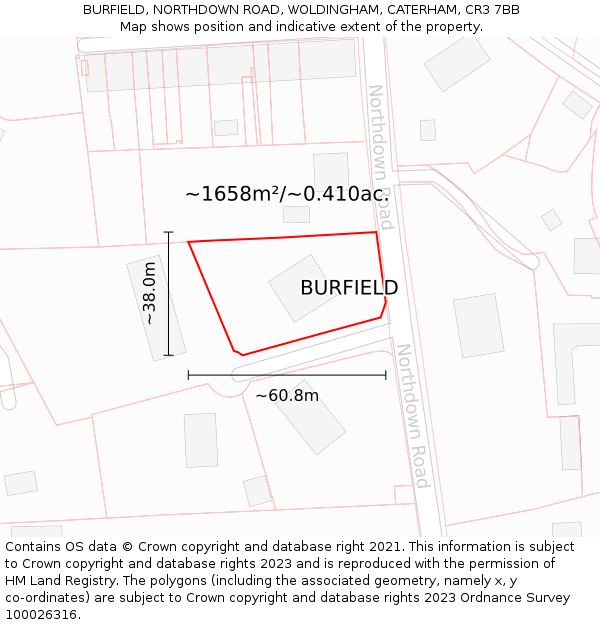 BURFIELD, NORTHDOWN ROAD, WOLDINGHAM, CATERHAM, CR3 7BB: Plot and title map