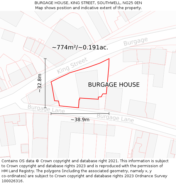 BURGAGE HOUSE, KING STREET, SOUTHWELL, NG25 0EN: Plot and title map