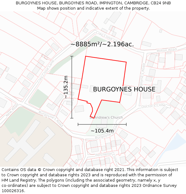 BURGOYNES HOUSE, BURGOYNES ROAD, IMPINGTON, CAMBRIDGE, CB24 9NB: Plot and title map