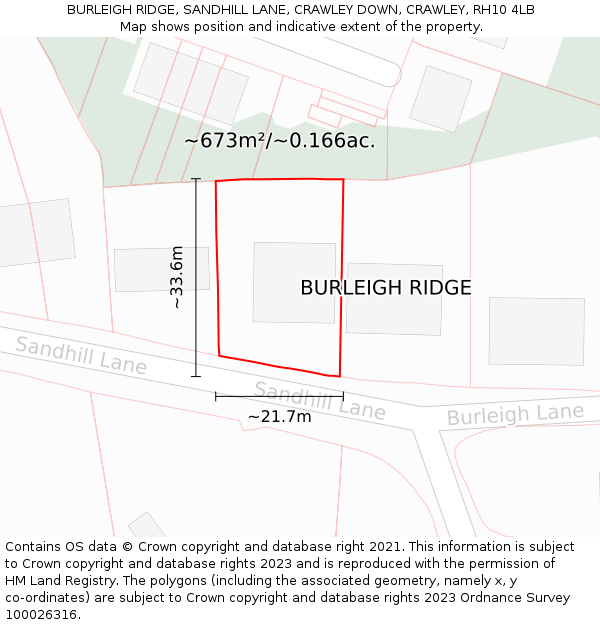 BURLEIGH RIDGE, SANDHILL LANE, CRAWLEY DOWN, CRAWLEY, RH10 4LB: Plot and title map