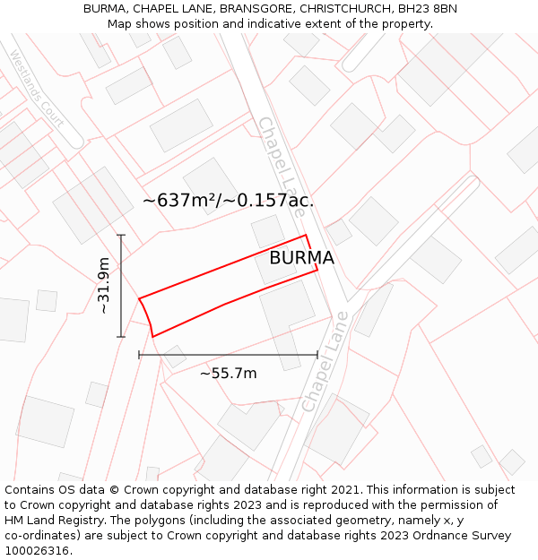 BURMA, CHAPEL LANE, BRANSGORE, CHRISTCHURCH, BH23 8BN: Plot and title map