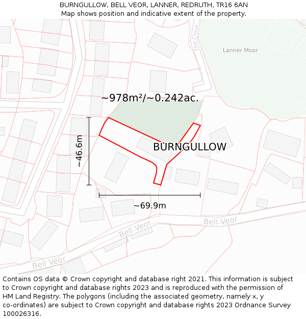 BURNGULLOW, BELL VEOR, LANNER, REDRUTH, TR16 6AN: Plot and title map