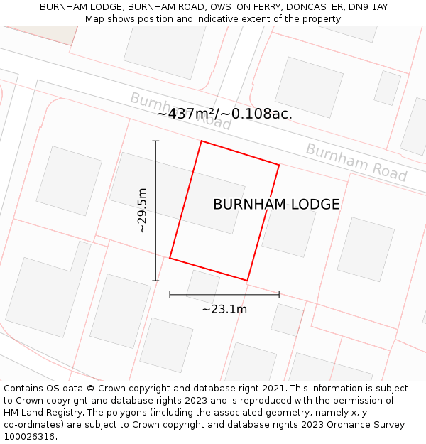 BURNHAM LODGE, BURNHAM ROAD, OWSTON FERRY, DONCASTER, DN9 1AY: Plot and title map