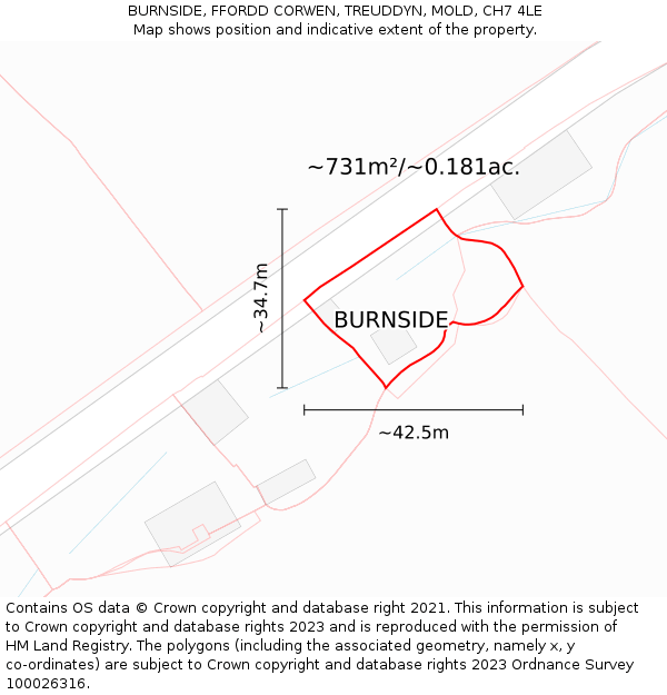 BURNSIDE, FFORDD CORWEN, TREUDDYN, MOLD, CH7 4LE: Plot and title map