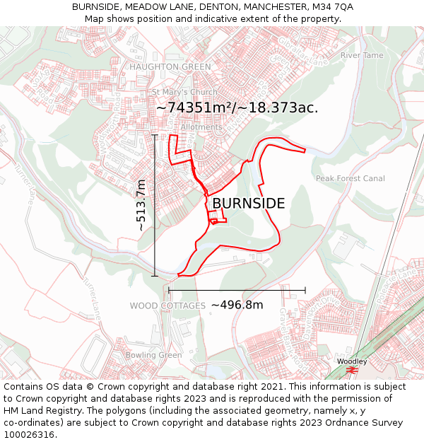 BURNSIDE, MEADOW LANE, DENTON, MANCHESTER, M34 7QA: Plot and title map
