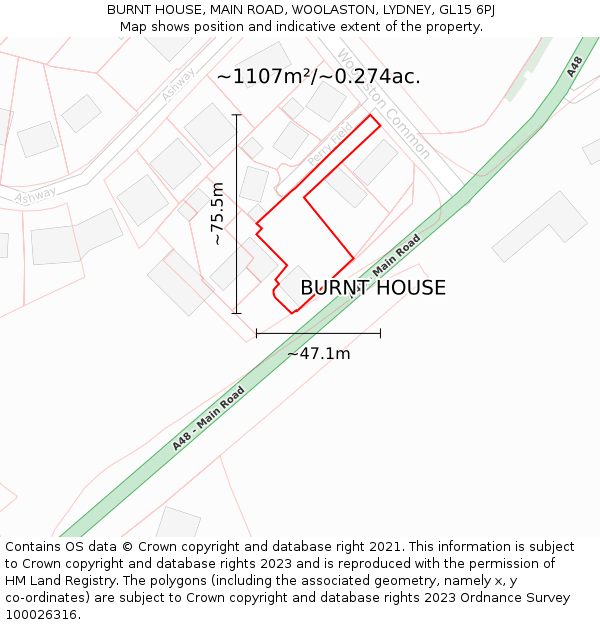 BURNT HOUSE, MAIN ROAD, WOOLASTON, LYDNEY, GL15 6PJ: Plot and title map