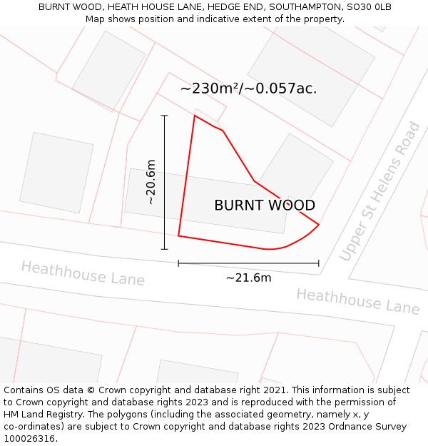 BURNT WOOD, HEATH HOUSE LANE, HEDGE END, SOUTHAMPTON, SO30 0LB: Plot and title map