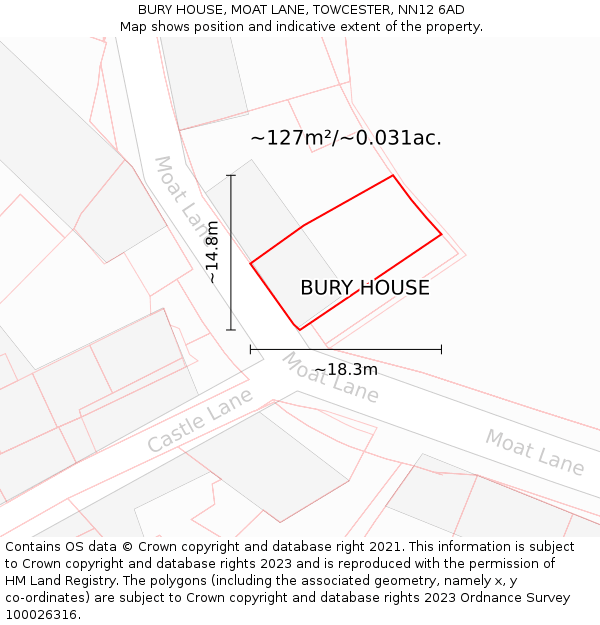 BURY HOUSE, MOAT LANE, TOWCESTER, NN12 6AD: Plot and title map