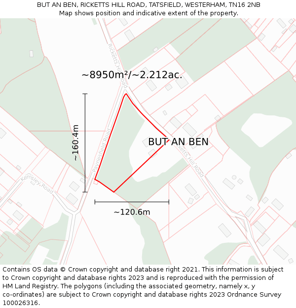 BUT AN BEN, RICKETTS HILL ROAD, TATSFIELD, WESTERHAM, TN16 2NB: Plot and title map