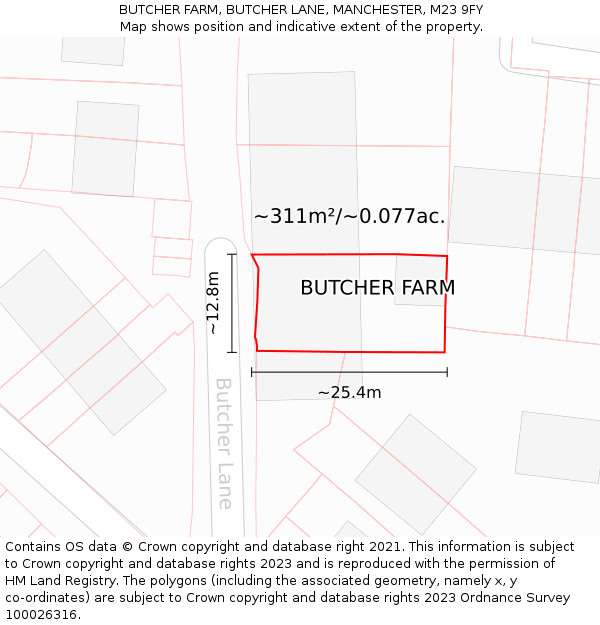 BUTCHER FARM, BUTCHER LANE, MANCHESTER, M23 9FY: Plot and title map