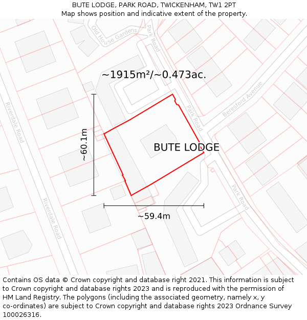 BUTE LODGE, PARK ROAD, TWICKENHAM, TW1 2PT: Plot and title map