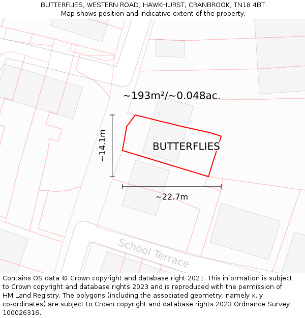 BUTTERFLIES, WESTERN ROAD, HAWKHURST, CRANBROOK, TN18 4BT: Plot and title map