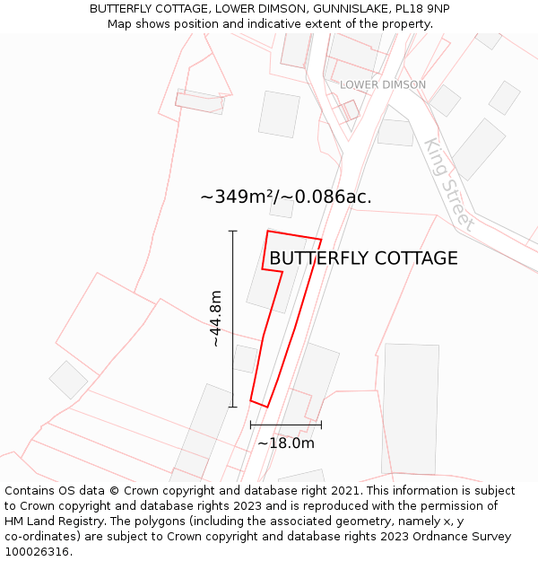BUTTERFLY COTTAGE, LOWER DIMSON, GUNNISLAKE, PL18 9NP: Plot and title map