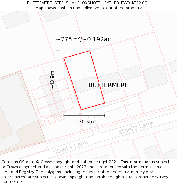 BUTTERMERE, STEELS LANE, OXSHOTT, LEATHERHEAD, KT22 0QH: Plot and title map