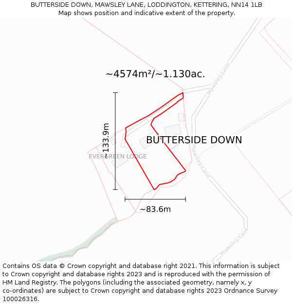 BUTTERSIDE DOWN, MAWSLEY LANE, LODDINGTON, KETTERING, NN14 1LB: Plot and title map