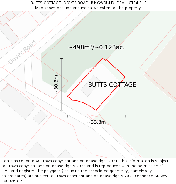 BUTTS COTTAGE, DOVER ROAD, RINGWOULD, DEAL, CT14 8HF: Plot and title map