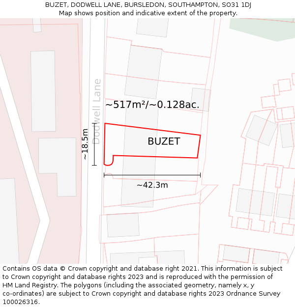 BUZET, DODWELL LANE, BURSLEDON, SOUTHAMPTON, SO31 1DJ: Plot and title map