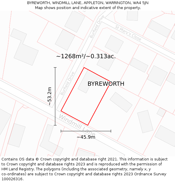 BYREWORTH, WINDMILL LANE, APPLETON, WARRINGTON, WA4 5JN: Plot and title map