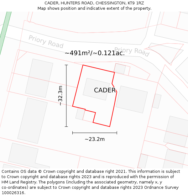 CADER, HUNTERS ROAD, CHESSINGTON, KT9 1RZ: Plot and title map