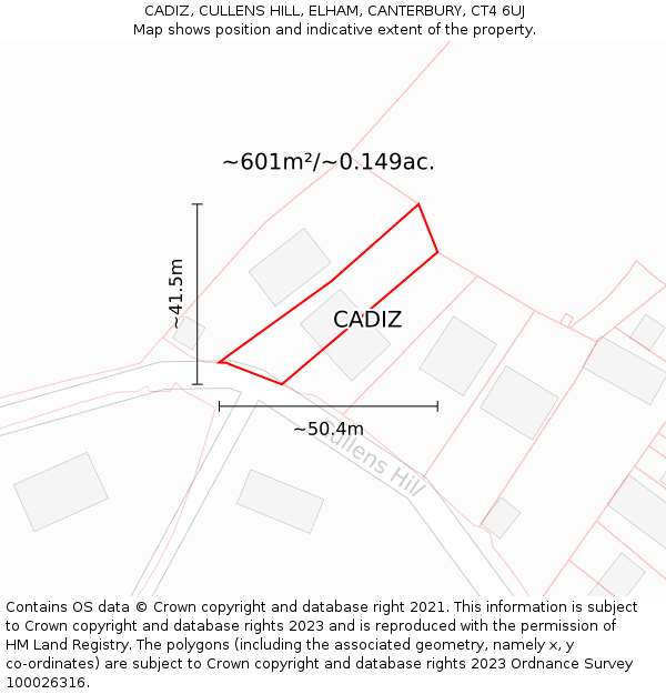 CADIZ, CULLENS HILL, ELHAM, CANTERBURY, CT4 6UJ: Plot and title map