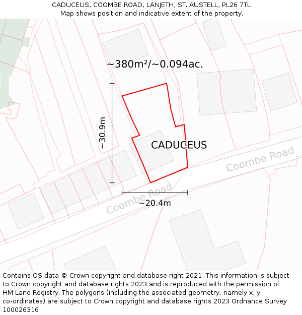 CADUCEUS, COOMBE ROAD, LANJETH, ST. AUSTELL, PL26 7TL: Plot and title map